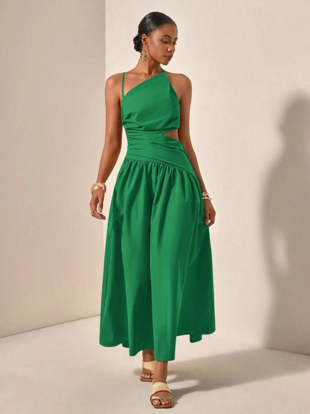 Asymmetrical Green Dress Cut Out Ruched Maxi Lace Up Back - Picture 5 of 8